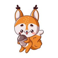 Happy little squirrel holding acorn flat color illustration. Kawaii wild animal. Fluffy forest rodent with nut icon on white background vector