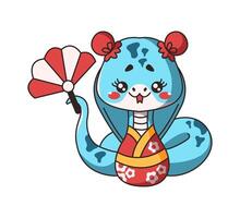 Chinese female snake in colorful kimono holding fan flat color image. Kawaii character symbolizes New Year with traditional attire on white vector
