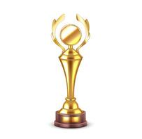 Golden reward with blank medal and wreath realistic illustration. Glowing metal trophy symbol 3d object on white background vector