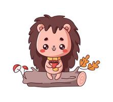 Adorable little Kawaii hedgehog with tea cup sitting on log flat color illustration. Funny forest animal resting on autumn day icon on white vector