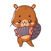Kawaii beaver plays cheerful tune on accordion flat illustration. Kawaii smiling castor creates delightful melody icon on white background vector