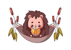 Endearing Kawaii hedgehog relaxing in hammock flat color style. Amusing forest creature enjoying good book icon on white background vector