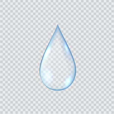Falling transparent water drop realistic illustration set. Clear liquid dripping down. Single tear 3d design on transparent background