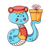 Cute Chinese snake with gift flat color style. Kawaii snake represents New Year animal symbol adding festive touch on white background vector