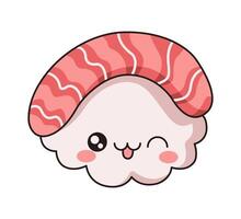 Sashimi with winking expression flat color illustration. Kawaii seafood smiling character with salmon icon on white background vector