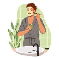 Man in bathrobe applying mask onto face in bathroom flat color illustration. Guy pampering skin with nourishment cosmetics concept icon on white vector