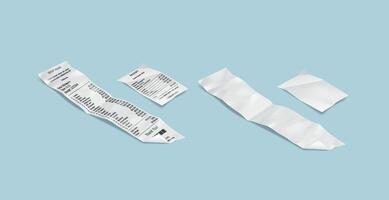 Paper bills realistic illustration set. Blank and filled receipts for purchases in shop. Financial documents 3d elements on light blue vector