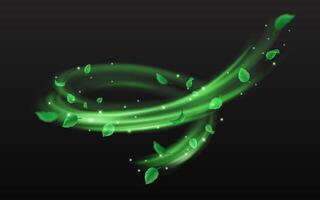 Green leaves and sparkles whirling flow of magic dust realistic illustration. Mystical nature power 3d element on black background vector