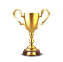 Old fashioned golden cup with handles realistic illustration. Precious trophy of complicated competition 3d object on white background vector
