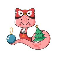 Kawaii Chinese snake with Christmas tree and bauble ball flat color illustration. Animal symbol of New Year icon on white background vector