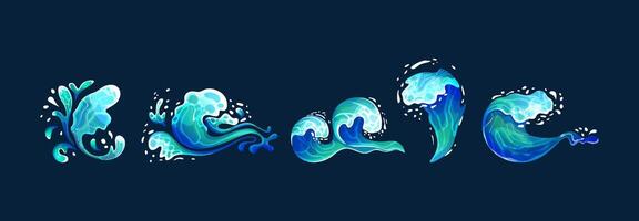 Water splashes shapes color icon big set. Natural aqua streams. Flowing and splashing liquid illustration pack on dark background vector