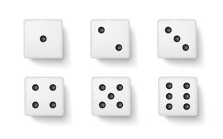 White gambling dices realistic illustration set. Plastic cubes with dot numbers for playing 3d elements on white background. Casino items vector