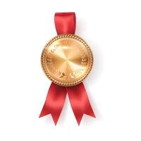 Glittering gold medal badge with red ribbon realistic illustration. Mockup trophy for quality contest winner 3d object on white background vector