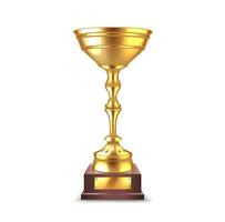 Golden winner cup with ribs realistic illustration. Business achievement. Best participant reward 3d object on white background vector