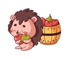 Kawaii hedgehog sits near barrel filled with apples flat color image. Forest animal wrapping arms around fruits displayed on white background vector