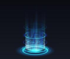 Opening of teleport podium realistic illustration. Magical aura light effect 3d elements on black background. Fantasy design template vector