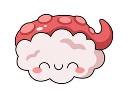 Delightful sashimi with octopus on top flat color drawing. Playful design of seafood character with closed eyes icon on white background vector