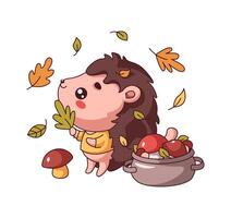 Kawaii hedgehog catching falling autumn leaves flat color image. Creature stands next to basket of mushrooms in forest icon on white vector