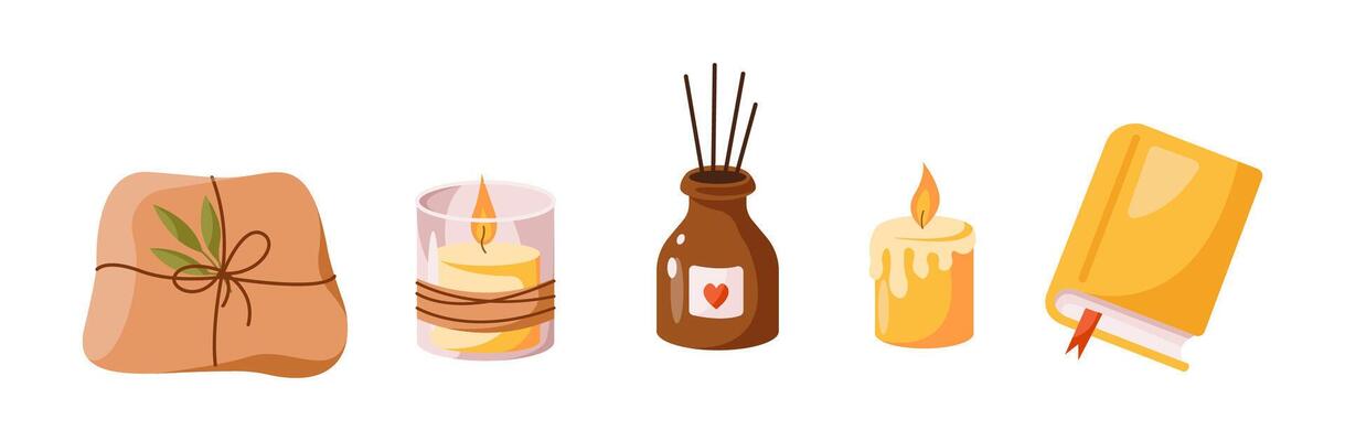Home interior elements for autumn season 2D cartoon objects set. Cozy domestic atmosphere decoration flat line icons on white background