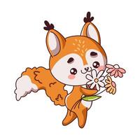 Happy Kawaii squirrel cub with wildflowers flat color artwork. Adorable fluffy wild animal walking across field icon on white background vector