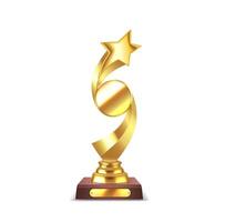 Golden trophy with medal and flying star realistic illustration. Business startup reward with podium 3d object on white background vector