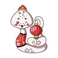 Kawaii snake holding Chinese lantern flat color illustration. Cute character brings dynamic element to festive season on white background vector