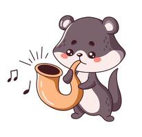 Kawaii badger blows into saxophone flat color illustration.Whimsical badger creates captivating melody icon on white background vector
