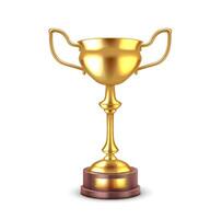 Luxury golden cup on podium realistic illustration. Competition winner. Metal bowl victory reward 3d object on white background vector