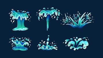Water splashes shapes color icon big set. Natural aqua streams. Flowing and splashing liquid illustration pack on dark background vector