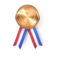 Gold medal with design template realistic illustration. Shiny reward with laurel wrist ornament and France flag colors ribbon 3d object on white background vector