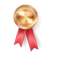 Gold medal badge with copy space realistic illustration. Reward for victory in professional competition 3d object on white background vector