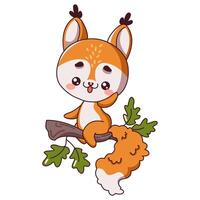 Kawaii squirrel resting on tree branch flat color image. Forest animal with soft and fluffy fur in relaxed pose icon on white background vector