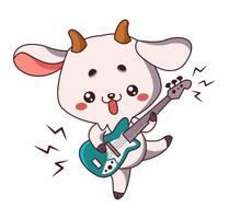 Kawaii goat strums guitar strings flat color illustration. Cheerful dancing goatling creates lively melody icon on white background vector
