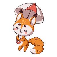 Little Kawaii squirrel stands under umbrella flat color illustration. Fluffy creature feeling down because of rain icon on white background vector