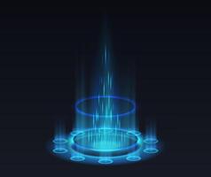 Teleportation portal realistic illustration. Level up energy splash effect 3d elements in blue on black background. Videogame template vector
