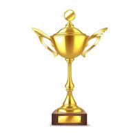 Classic golden cup realistic illustration. Business leadership. Shiny victory trophy with design template 3d object on white background vector