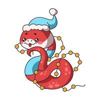 Kawaii Chinese snake adorned with festive garlands flat color image. Snake embodies spirit of celebration enhancing festive mood on white background vector