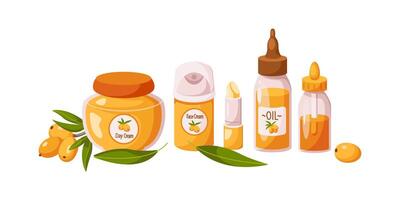 Sea buckthorn berries products 2D cartoon objects set. Healthy food and cosmetics ingredients flat line icons on white background vector