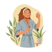Woman using face mist after bathing flat color illustration. Happy lady in bathrobe pampering skin with refreshing product concept icon on white vector