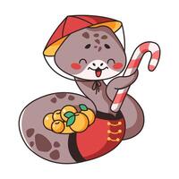 Snake holding lollipop sitting among apples in flat color style. Kawaii snake brings elements of celebration and abundance on white background vector