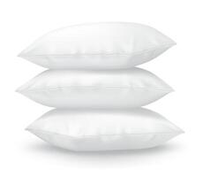 White pillows stack realistic illustration. Fluffy cushions for bedroom 3d models on white background. Bedding items for sleeping vector
