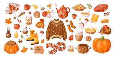 Cozy autumn elements 2D cartoon objects set. Warm clothes and tasty food for fall season and Halloween flat line icons on white background vector