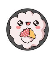 Funny sashimi round slice flat color illustration. Design of baby sushi icon embodies Asian food displayed on white background vector
