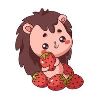 Flat color artwork with Kawaii hedgehog surrounded by strawberries. Forest creature happily indulging in favorite berry icon on white vector