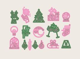 Set of christmas icons drawing in art deco line style on beige background vector