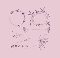 Branches leaves and flowers silhouettes set drawing on violet background vector