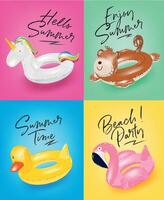 Inflatable rings illustrated unicorn, monkey, duck, flamingo with lettering drawing in cute cartoon style on different color background vector