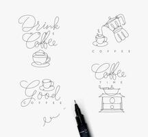 Coffee symbols lines with lettering in pen hand drawing style on white background vector