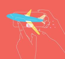 Phone in hand buying flight tickets drawing plane with thin lines on coral background vector