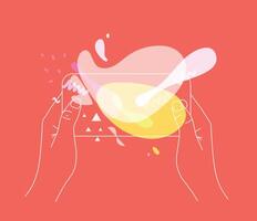 Phone in two hands interactive games with colorful splashes drawing thin lines on coral background vector